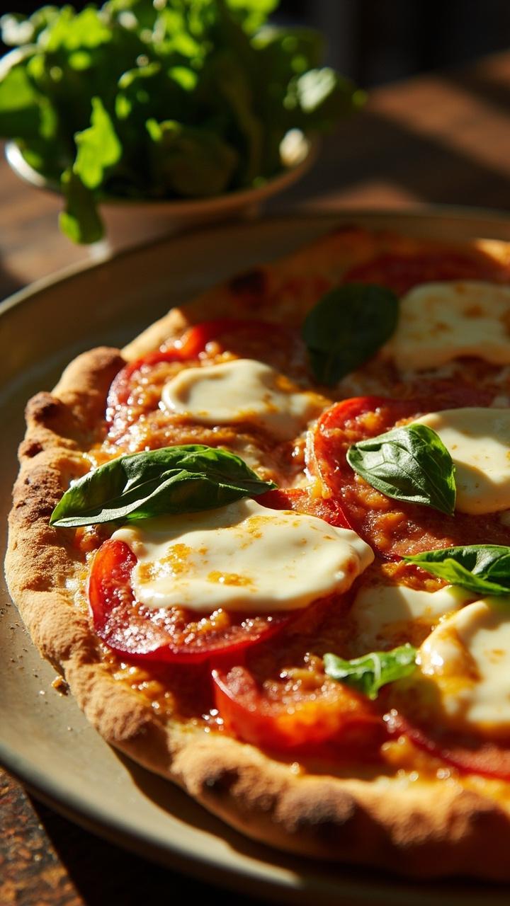 A slice showing pockets of melted white mozzarella and red tomato slices, fresh basil leaves scattered on top, a small bowl of extra basil beside the plate, sunlight highlighting the glossy tomato. A slice showing pockets of melted white mozzarella and red tomato slices, fresh basil leaves scattered on top, a small bowl of extra basil beside the plate, sunlight highlighting the glossy tomato.