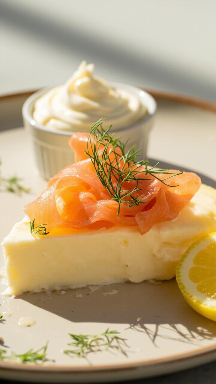 A slice of pale custard dotted with pink ribbons of smoked salmon and flecks of green dill, a lemon wedge on the side, a small ramekin of crème fraîche beside the plate. A slice of pale custard dotted with pink ribbons of smoked salmon and flecks of green dill, a lemon wedge on the side, a small ramekin of crème fraîche beside the plate.