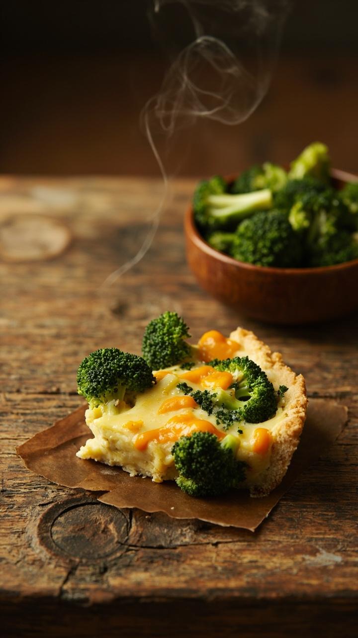 A wedge with bright green broccoli florets visible against a pale yellow custard and melted orange cheddar, a small bowl of steamed broccoli florets on the side, a rustic wooden table surface. A wedge with bright green broccoli florets visible against a pale yellow custard and melted orange cheddar, a small bowl of steamed broccoli florets on the side, a rustic wooden table surface.