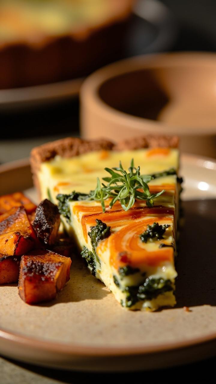 A slice with orange streaks of roasted sweet potato and dark green kale pieces in the custard, a small pile of roasted sweet potato cubes beside the plate, a sprig of thyme on top. A slice with orange streaks of roasted sweet potato and dark green kale pieces in the custard, a small pile of roasted sweet potato cubes beside the plate, a sprig of thyme on top.