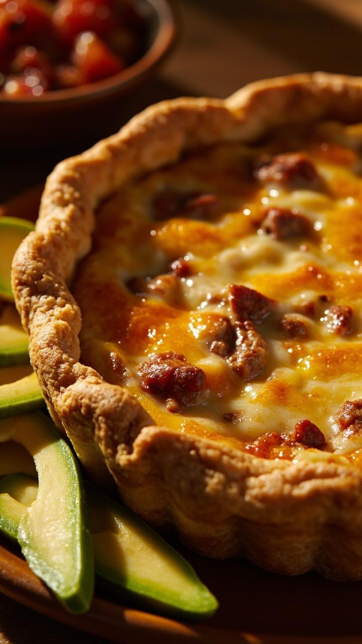 A quiche with specks of reddish chorizo and melted pale orange pepper jack, a few thin slices of avocado on the plate, a small bowl of salsa to the side, warm light. A quiche with specks of reddish chorizo and melted pale orange pepper jack, a few thin slices of avocado on the plate, a small bowl of salsa to the side, warm light.