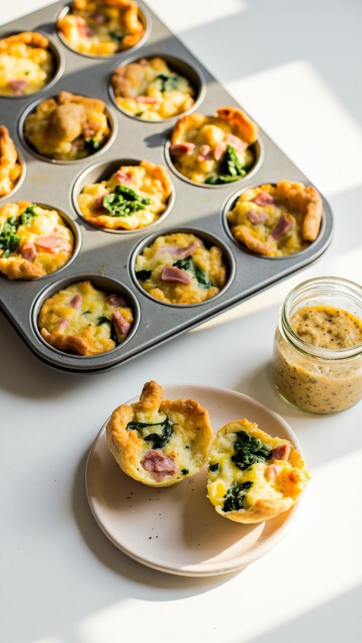 A dozen mini quiche muffins in a muffin tin with a few removed and placed on a small plate, visible ham bits and green spinach in each, a small jar of whole grain mustard beside them, bright kitchen countertop. A dozen mini quiche muffins in a muffin tin with a few removed and placed on a small plate, visible ham bits and green spinach in each, a small jar of whole grain mustard beside them, bright kitchen countertop.