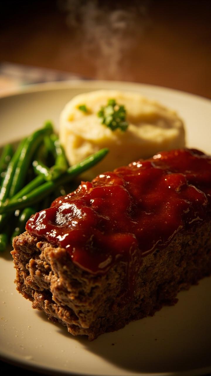 A thick slice of browned meatloaf on a white dinner plate, glossy tomato glaze on top, a scoop of creamy mashed potatoes on the side, steamed green beans, small parsley sprig garnish