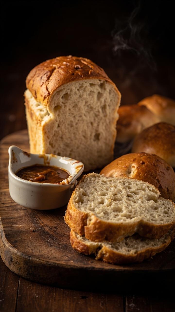 A sliced loaf with visible onion flecks, light brown crust, a small bowl of extra gravy nearby, buttered dinner rolls and a wooden cutting board underneath
