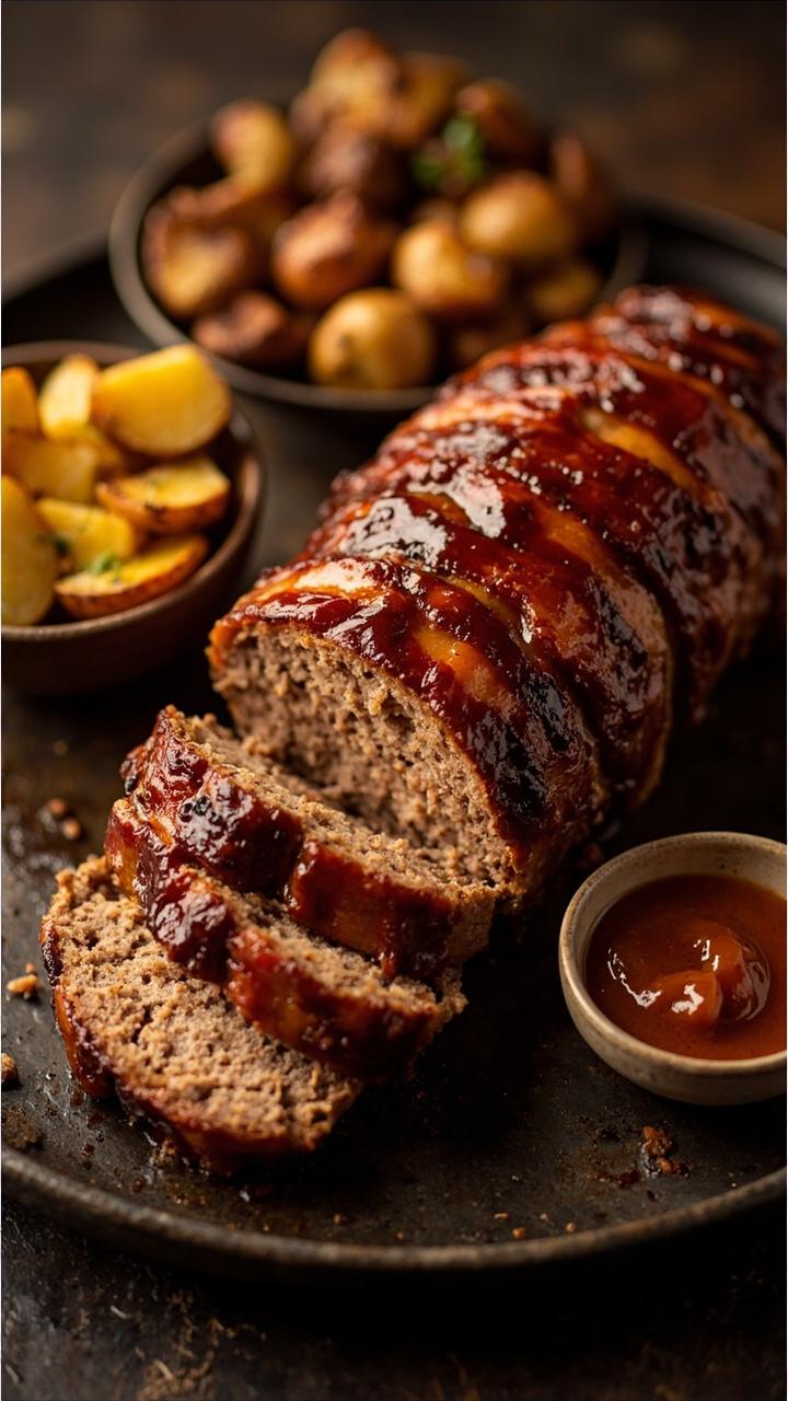 A loaf covered in overlapping bacon strips with a shiny brown glaze, slices arranged to show the bacon edge, roasted potatoes and a small bowl of extra glaze on the side
