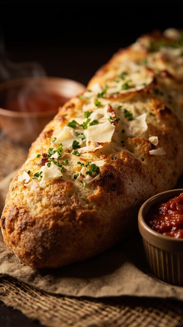 A rustic loaf with a golden crust and visible grated Parmesan, a small ramekin of marinara nearby, a sprinkle of chopped parsley on top, a simple cloth napkin underneath