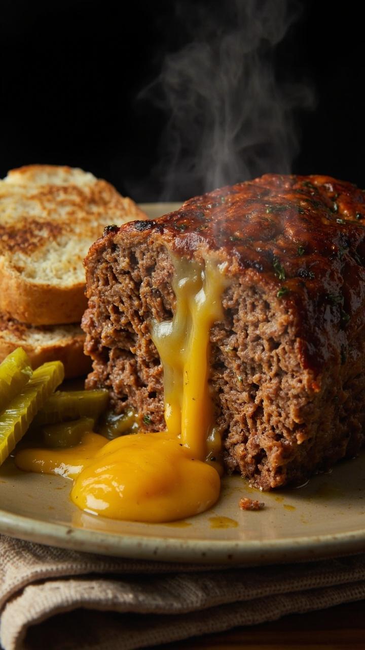A cross section of meatloaf showing molten cheddar oozing from the center, a toasted sandwich roll and pickle slices on the side, a simple plate with a napkin beneath