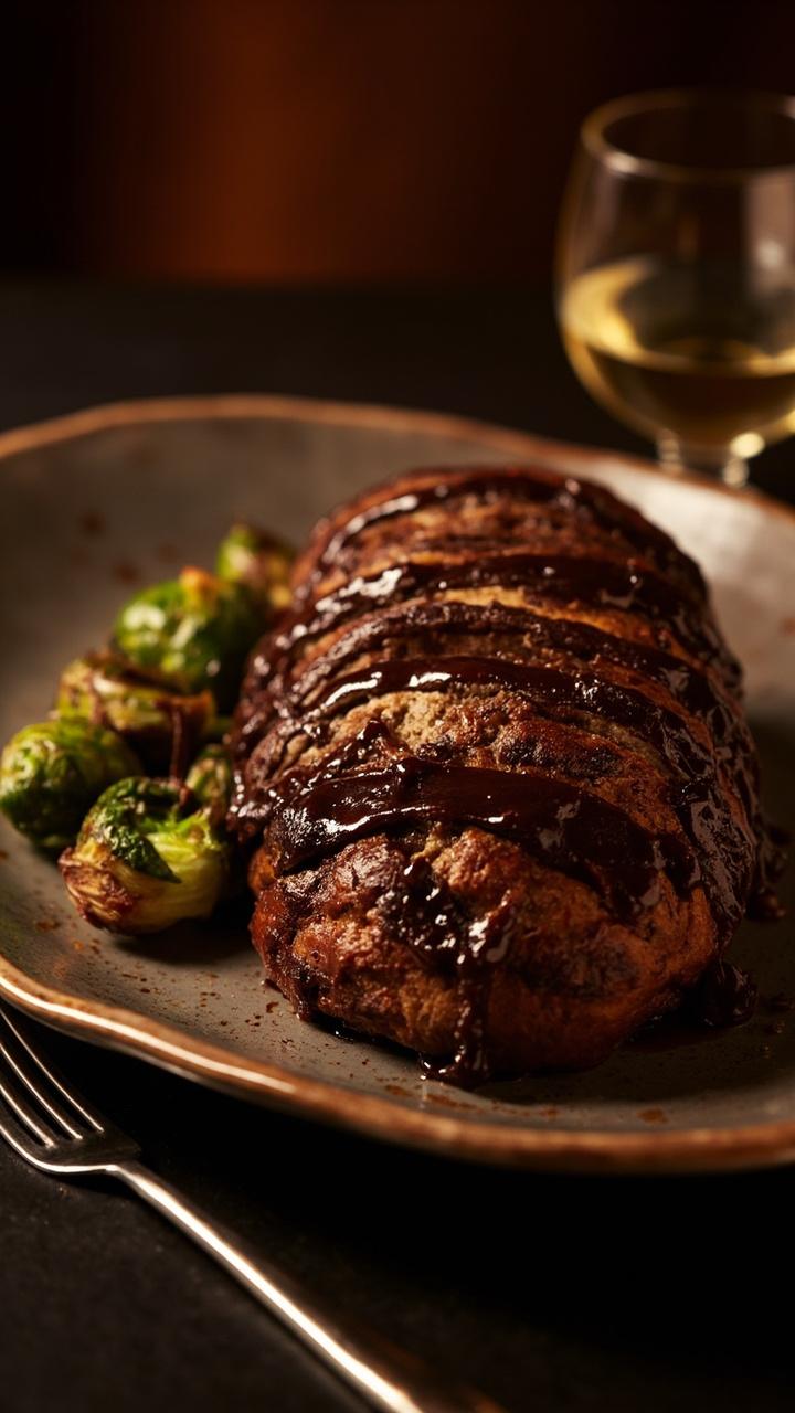 A loaf with a shiny dark brown glaze, edges slightly caramelized, slices fanned on a platter, roasted Brussels sprouts nearby and a fork beside the plate