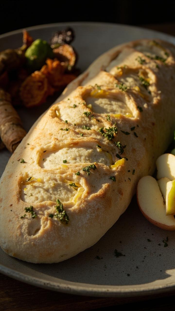 A pale golden loaf speckled with herbs and small apple pieces, thin apple slices on the side, a small pile of roasted root vegetables, neutral earthenware plate