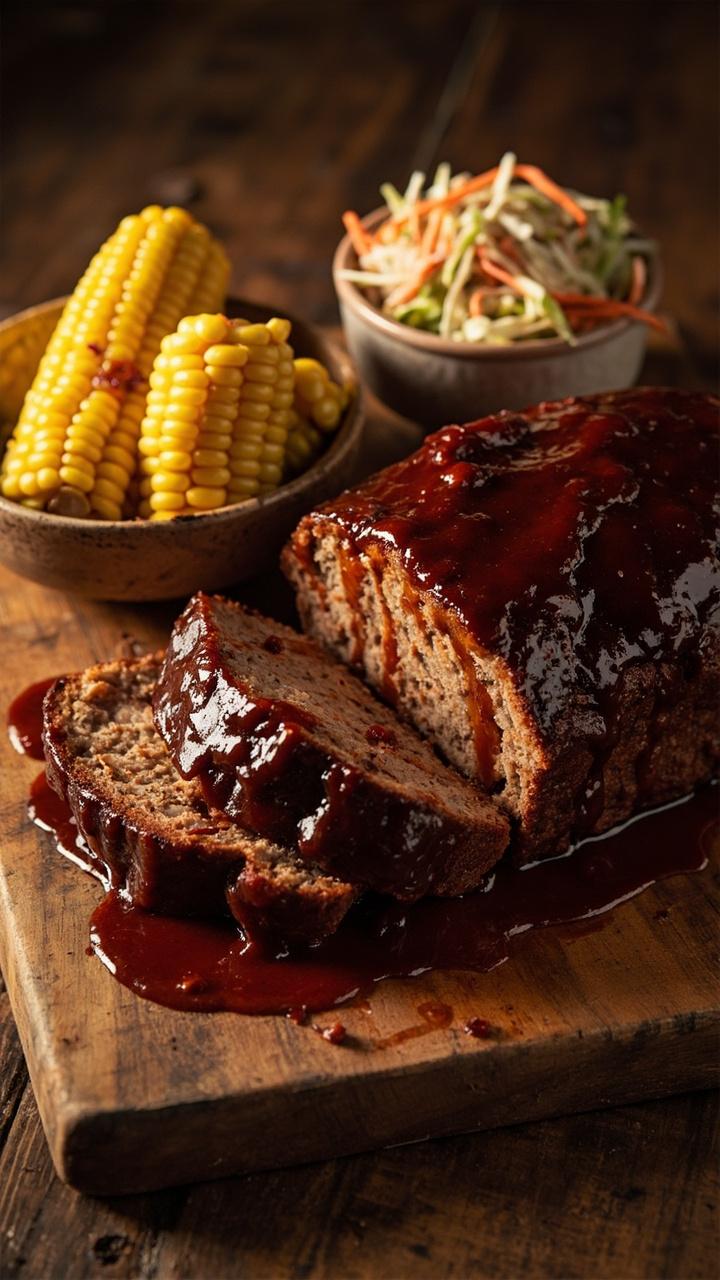 A loaf glazed in dark shiny barbecue sauce, slices arranged with visible sauce drip, corn on the cob and coleslaw in simple bowls nearby, a wooden board underneath