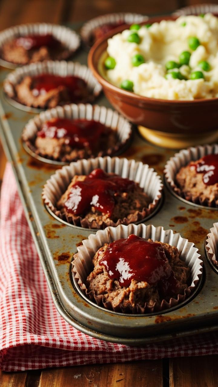 Six mini meatloaf muffins in a muffin tin with browned edges and a dollop of glaze on top, a small bowl of mashed potatoes and peas beside them, a checked napkin underneath