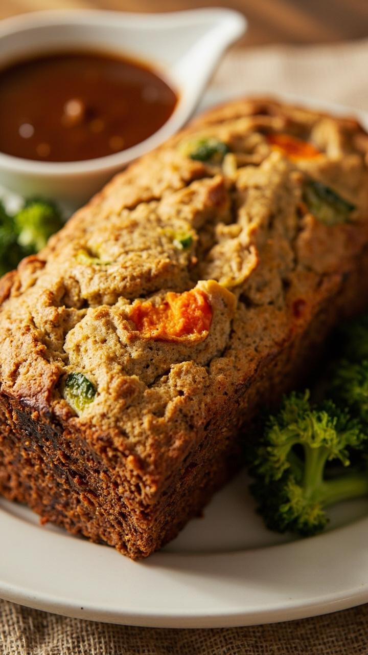 A loaf with a slightly rustic crust, flecks of carrot and zucchini visible, steamed broccoli and a small dish of gravy beside the plate, plain linen napkin beneath