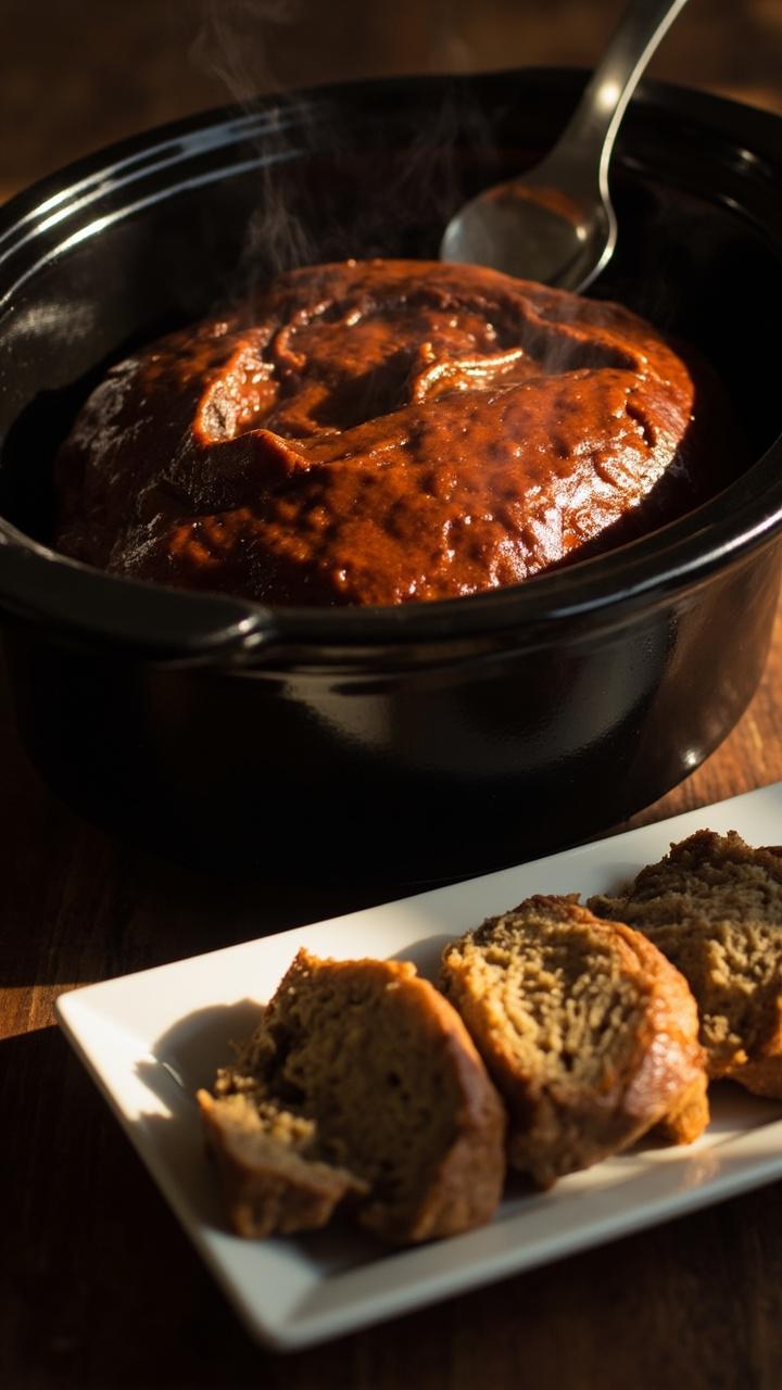 A whole loaf sitting in a slow cooker with a thin layer of sauce over the top, a ladle resting on the edge, a simple serving platter with sliced loaf next to the slow cooker