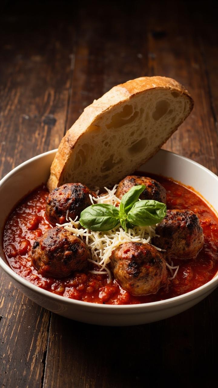 A shallow white bowl of glossy red marinara topped with four brown seared meatballs, a small pile of grated pale Parmesan, three torn bright green basil leaves, and a chunk of crusty bread leaning against the bowl on a dark wood table.