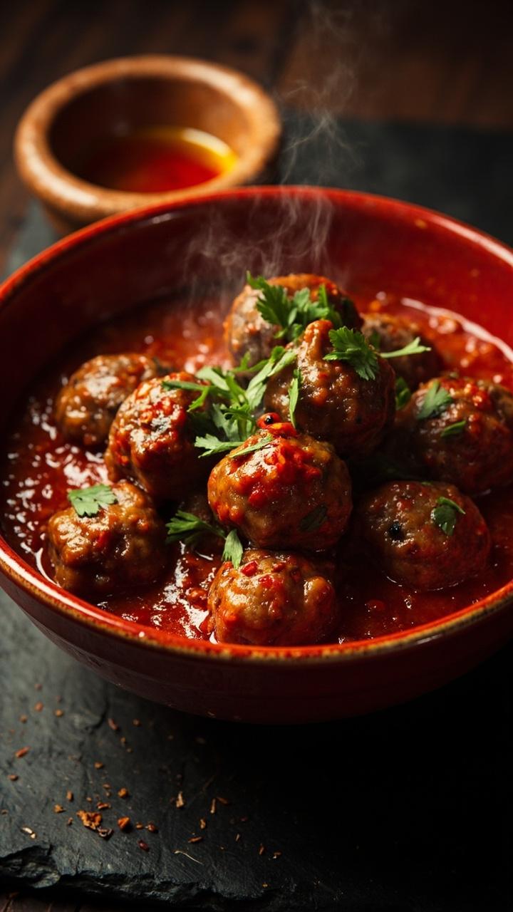 A shallow red ceramic bowl with fiery red sauce and meatballs, flecks of red chili flakes visible, a scattering of chopped parsley, and a small ramekin of extra chili oil beside the bowl on a slate board.
