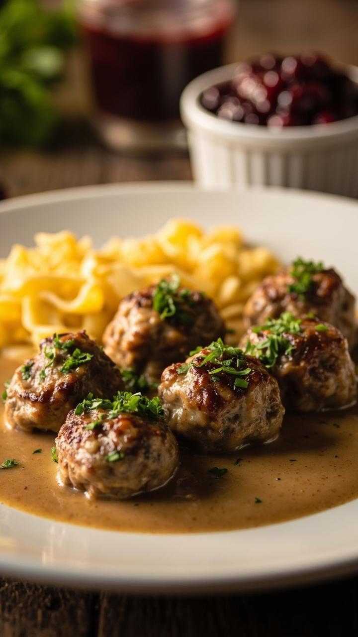 A shallow white plate with pale tan creamy sauce pooled under brown meatballs, a sprinkle of chopped parsley, a small pile of buttered egg noodles to the side, and a small bowl of lingonberry jam visible in the background.