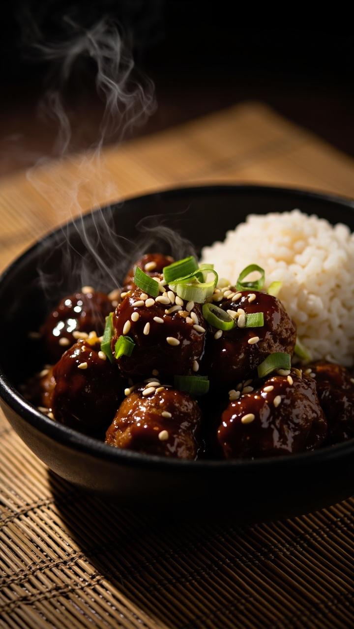 A shallow black bowl with glossy dark brown sauce coating meatballs, sesame seeds sprinkled on top, thinly sliced green onions scattered, and a small mound of steamed white rice beside the bowl on a bamboo placemat.