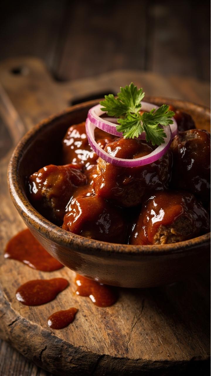 A shallow rustic bowl of deep brown glossy sauce with meatballs, thin rings of red onion, a small sprig of cilantro for color, and a few extra barbecue sauce drips on a wooden board.