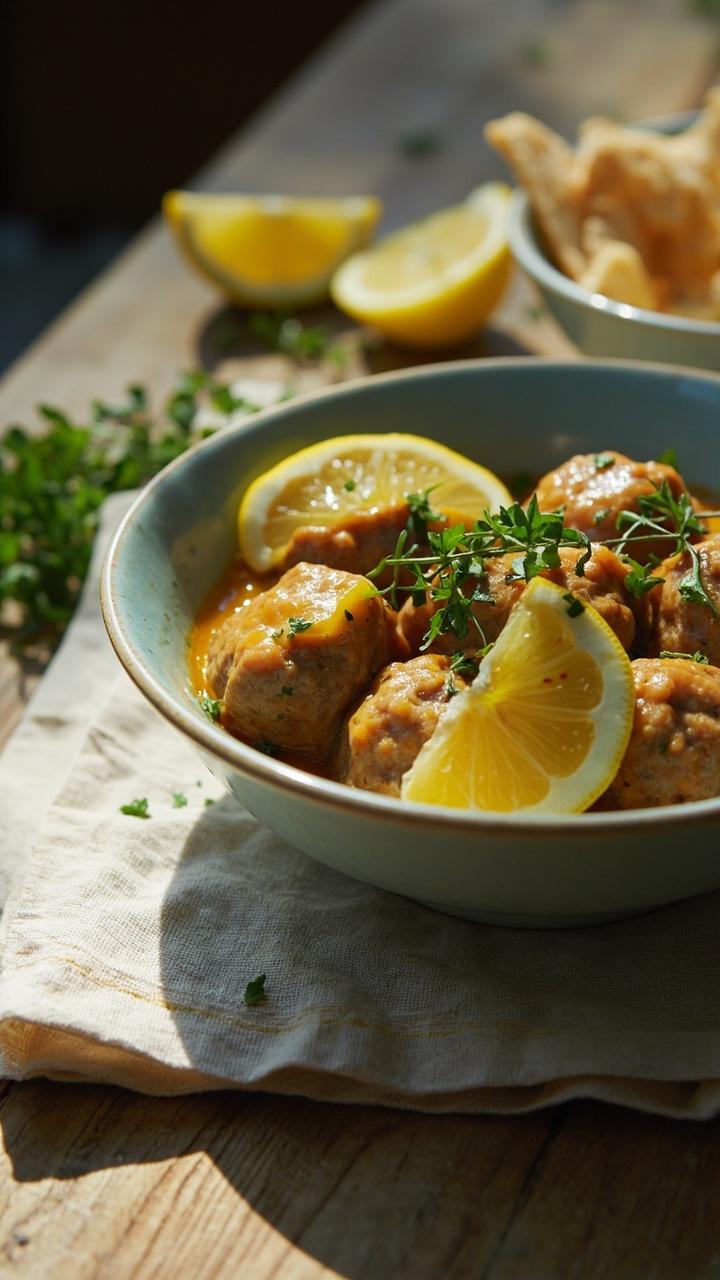 A shallow pale blue bowl with light golden sauce and meatballs, thin lemon slices tucked at the edge, a sprinkle of chopped parsley and thyme, and a linen napkin under the bowl on a light wood table.