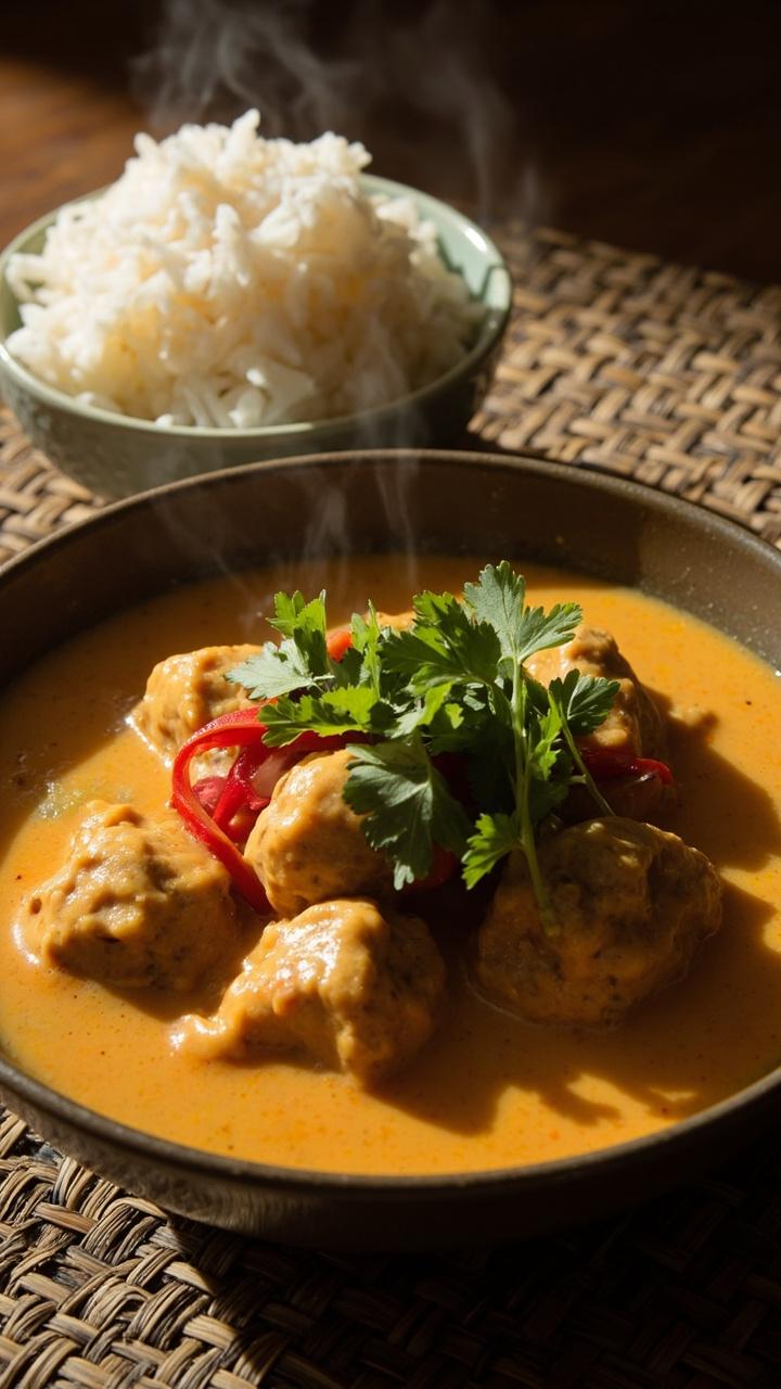 A shallow bowl of creamy pale orange curry sauce with meatballs, a small pile of cilantro leaves, thin slices of red chili for color, and a small bowl of jasmine rice beside the main bowl on a woven placemat.