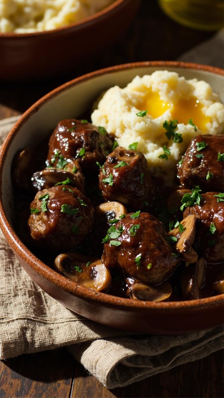 A shallow warm brown dish with glossy mushroom Marsala sauce and meatballs, sautéed sliced cremini mushrooms visible, a sprinkle of chopped parsley, and a small serving of buttered mashed potatoes beside the bowl on a neutral linen.