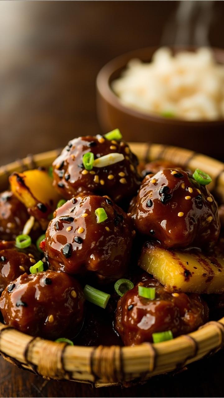 A shallow bamboo bowl with shiny dark teriyaki sauce glazed over meatballs, charred pineapple chunks visible, a sprinkle of black sesame seeds and sliced green onions, and a small bowl of steamed rice in the background.
