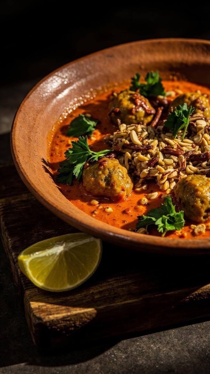 A shallow terracotta bowl of deep orange romesco style sauce with meatballs, visible bits of toasted almond on top, a few torn parsley leaves, and a wedge of lemon on the side on a rustic wood board.
