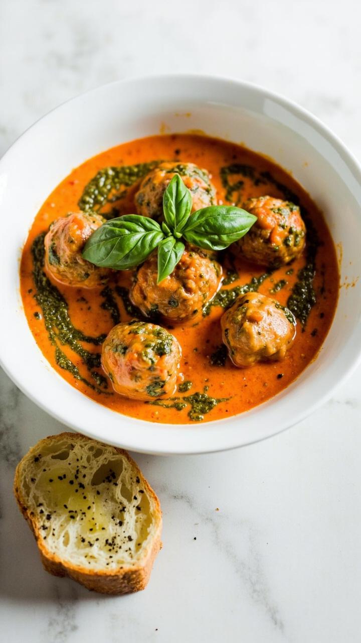 A shallow white bowl with orange tomato cream sauce swirled with green pesto around meatballs, a few whole basil leaves on top, and a small piece of garlic bread beside the bowl on a marble surface.