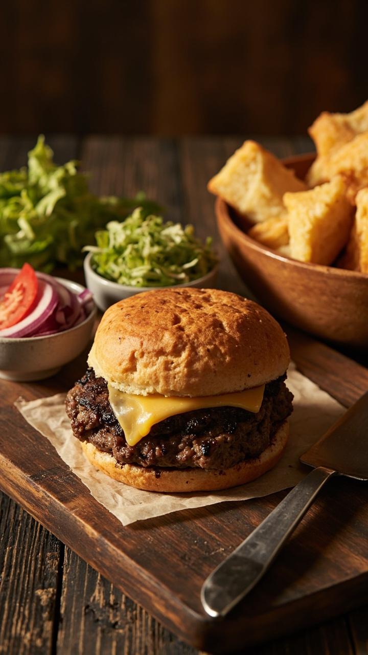 Thin charred burger patty on a buttered potato roll with melted American cheese slight sheen of grease small bowls of shredded lettuce sliced tomatoes and thin red onion rings a wooden board with a stack of soft potato rolls and a stainless spatula