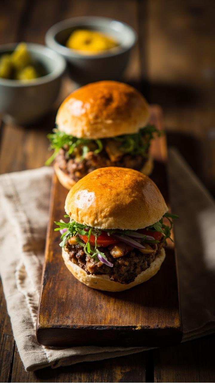 Three mini slider buns arranged in a row on a narrow wooden board each topped with a different tiny patty and garnish small ramekins of pickles and mustard in the background a linen napkin folded under one end