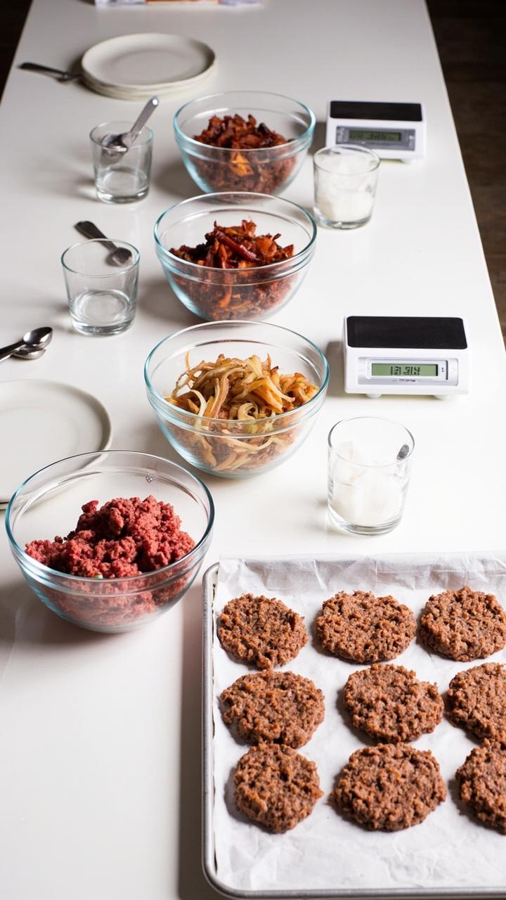 A long table with three glass bowls one with ground beef one with chopped caramelized onions and one with crumbled bacon small plates with measuring spoons and a mini scale a tray of parchment lined mini formed patties