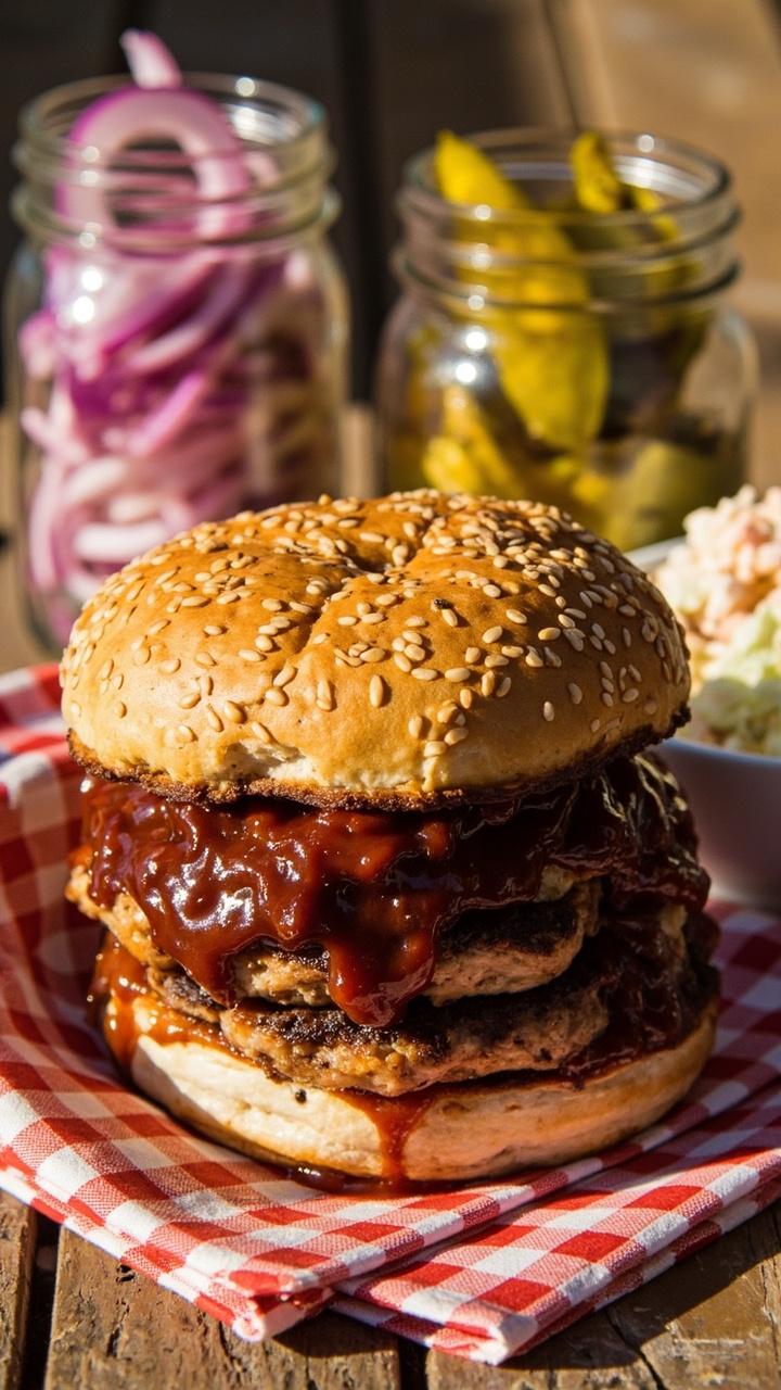Grilled turkey patties on a dark sesame bun brushed with BBQ sauce small mason jars with slices of red onion and pickles a small bowl of coleslaw on the side a gingham napkin underneath