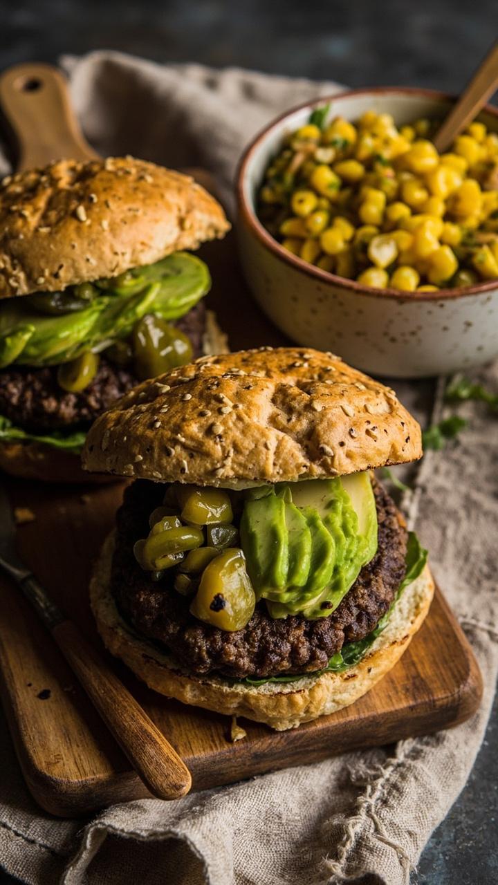 Thick black bean patties on toasted whole wheat buns with slices of avocado and a small pile of pickled jalapeños a ceramic bowl of corn salsa and a wooden spoon a neutral linen under the board