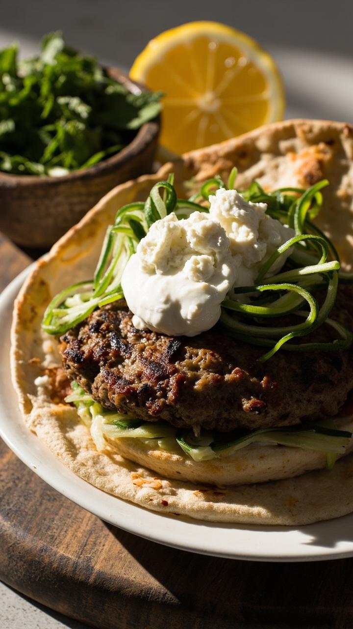 A juicy lamb patty on a toasted pita pocket topped with crumbled feta cucumber ribbons and a dollop of tzatziki a small bowl of chopped mint and a lemon half on a wooden board simple white plate underneath