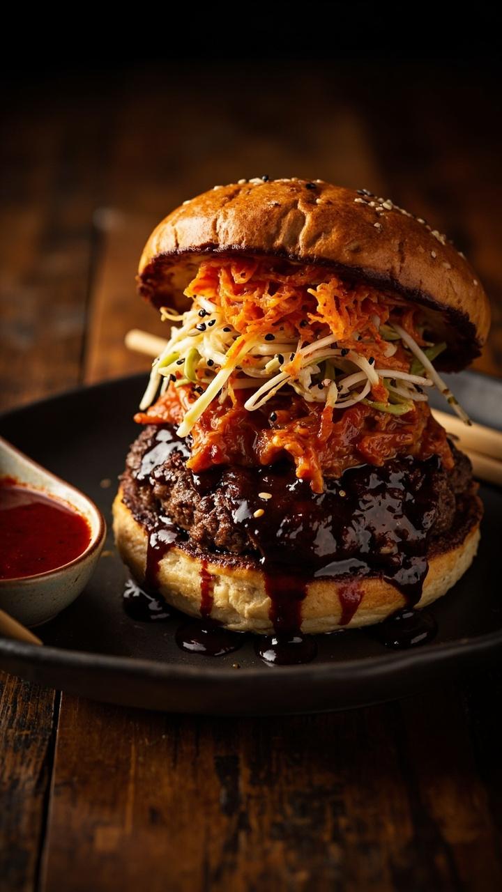 A beef patty glazed with dark shiny Korean BBQ sauce on a soft brioche bun topped with bright orange kimchi and sesame slaw a small dish of extra gochujang sauce and chopsticks laid beside