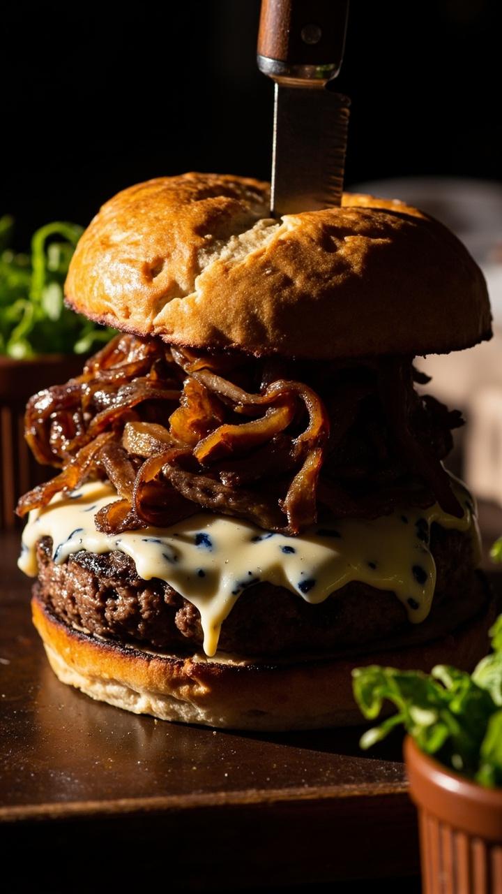 A thick burger patty on a toasted ciabatta roll topped with melted blue cheese and glossy caramelized onions a small ramekin of arugula tossed in olive oil and a steak knife stuck through the sandwich