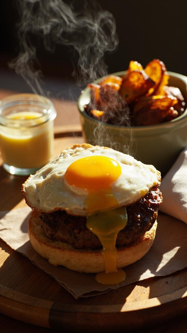 A fried egg with a runny yolk atop a sausage patty on a toasted English muffin a small jar of maple aioli and a ramekin of crispy breakfast potatoes a wooden tray with a cloth napkin