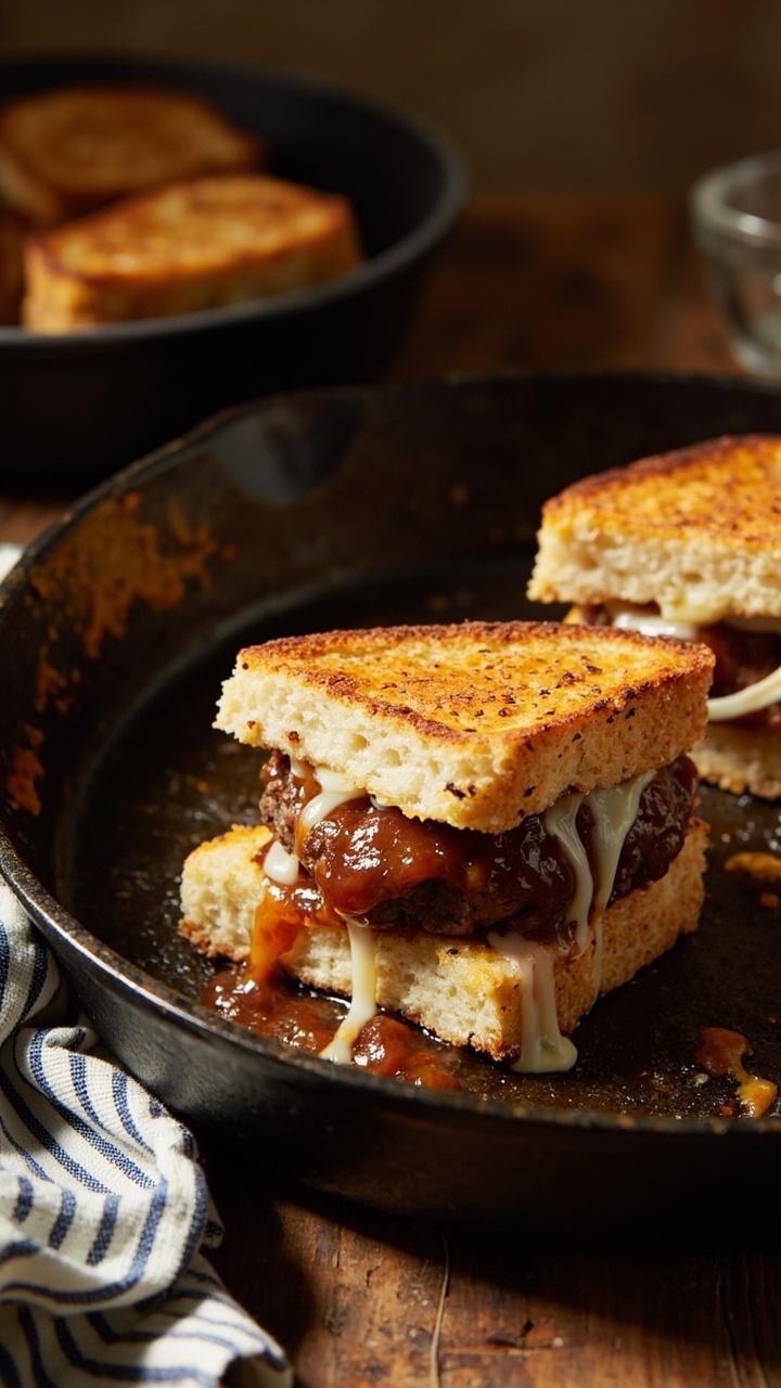Small rectangular rye toasts folded over a mini patty with melted Swiss cheese and a smear of caramelized onion jam a small cast iron pan with remaining melts and a folded striped napkin