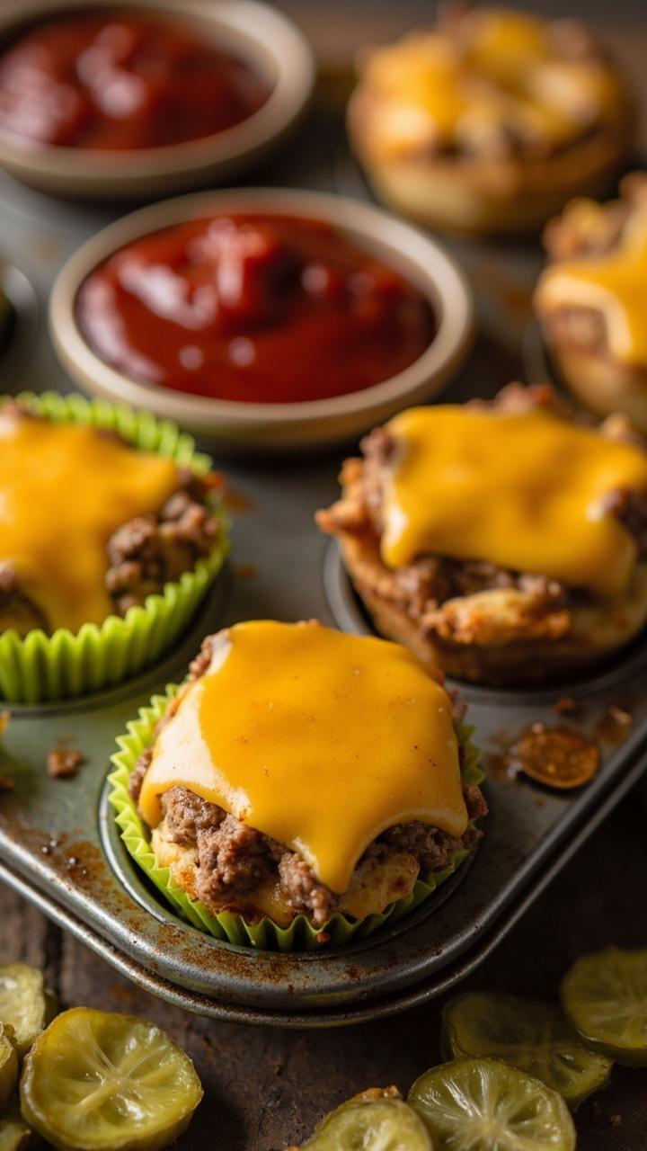 Mini cheeseburger cups in a muffin tin with melted cheddar on top little bowls of ketchup and tiny pickle coins nearby a bright silicone muffin liner visible in one cup