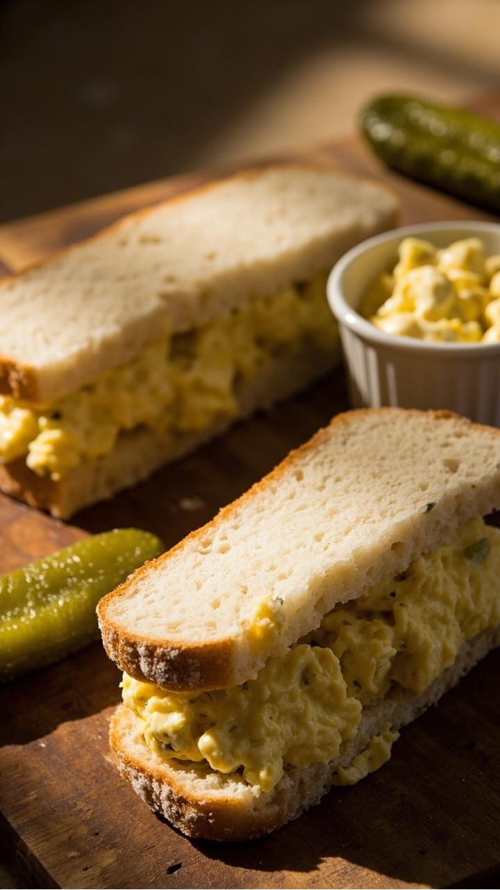 Two sandwich halves with pale yellow egg salad oozing slightly between thick slices of rustic white bread, a small white bowl of extra egg salad beside them, a bright green pickle spear, wooden cutting board underneath
