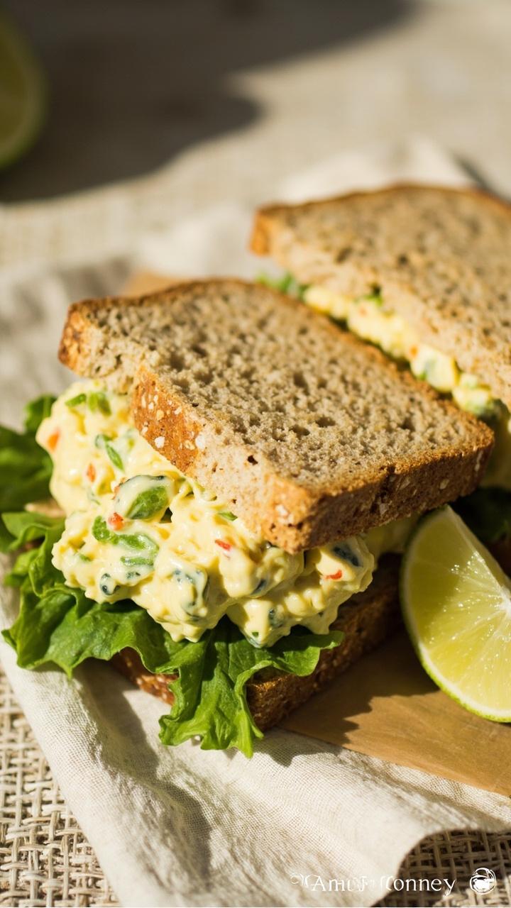 Halved sandwich with chunky green avocado flecks in pale yellow egg salad on toasted whole grain bread, thin romaine leaf peeking out, small wedge of lime on the side, linen napkin under the sandwich