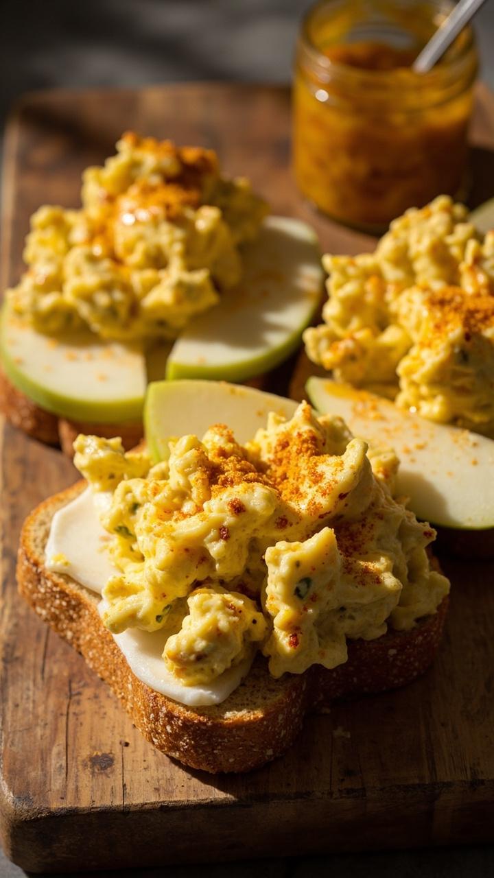 Golden egg salad speckled with curry powder on soft brioche bread, thin apple slices tucked beside the filling, small jar of mango chutney in the background, wooden board beneath