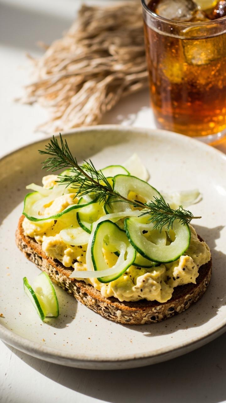 Open sandwich showing thin cucumber ribbons and creamy egg salad dotted with green dill on seeded bread, small sprig of dill on top, white ceramic plate and a glass of iced tea nearby