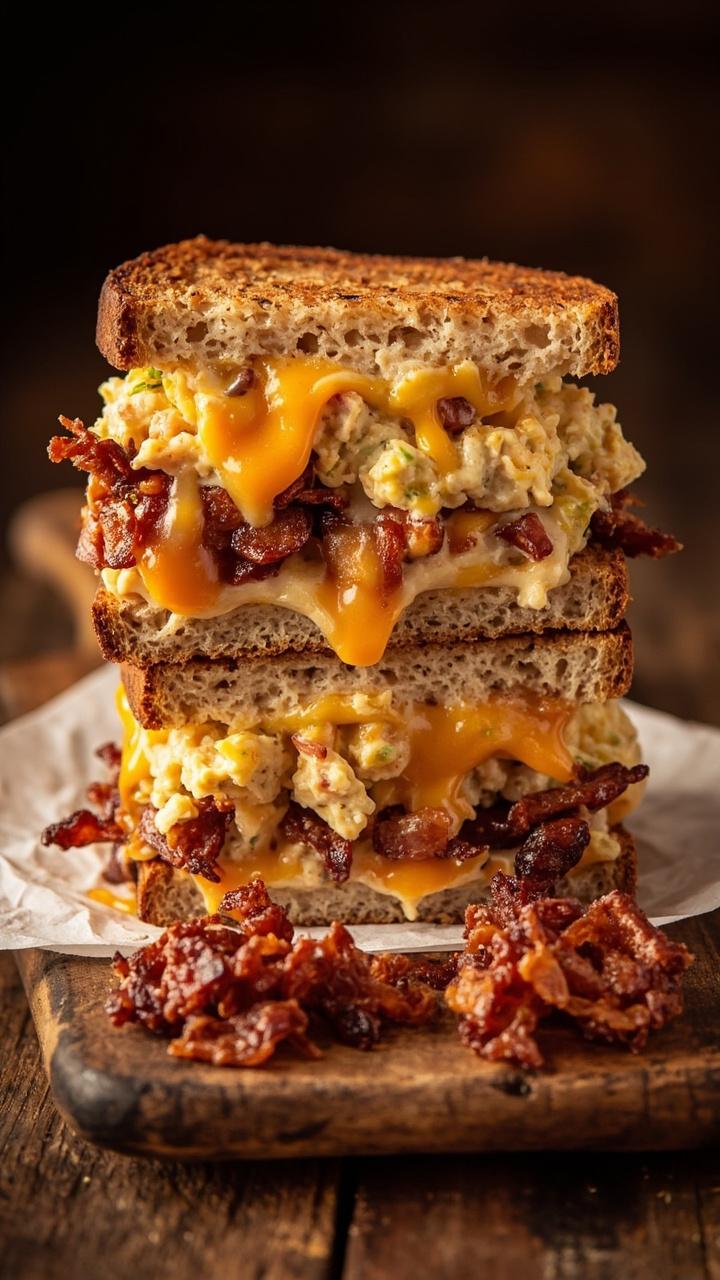 Thick sandwich with melted orange cheddar and crumbled bacon visible in the egg salad on toasted sourdough, small pile of extra bacon on the board, paper napkin folded beside