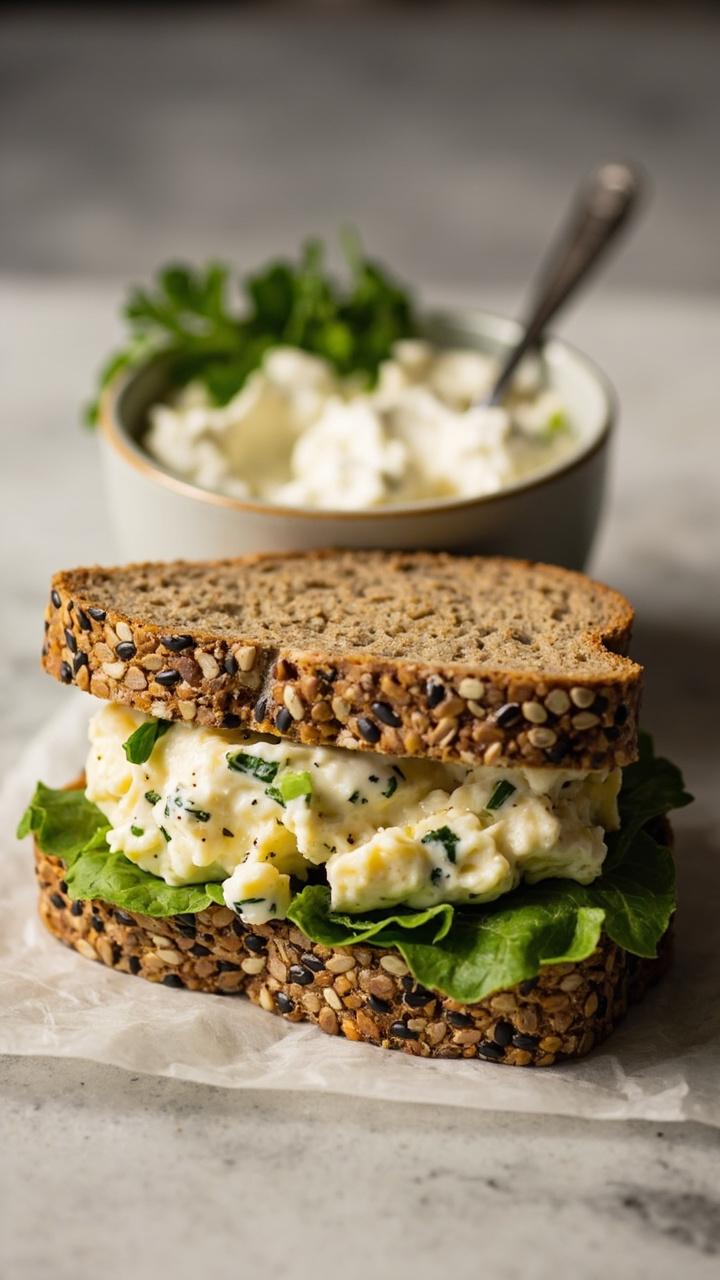 Compact sandwich with pale, creamy egg salad speckled with herbs on multigrain bread, small bowl of Greek yogurt with a spoon beside, sprig of parsley for garnish