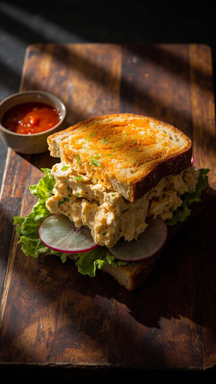 Sandwich with creamy orange tinted egg salad and a drizzle of green lime juice, sliced radish and lettuce peeking out, small ramekin of sriracha on the side, dark wood board