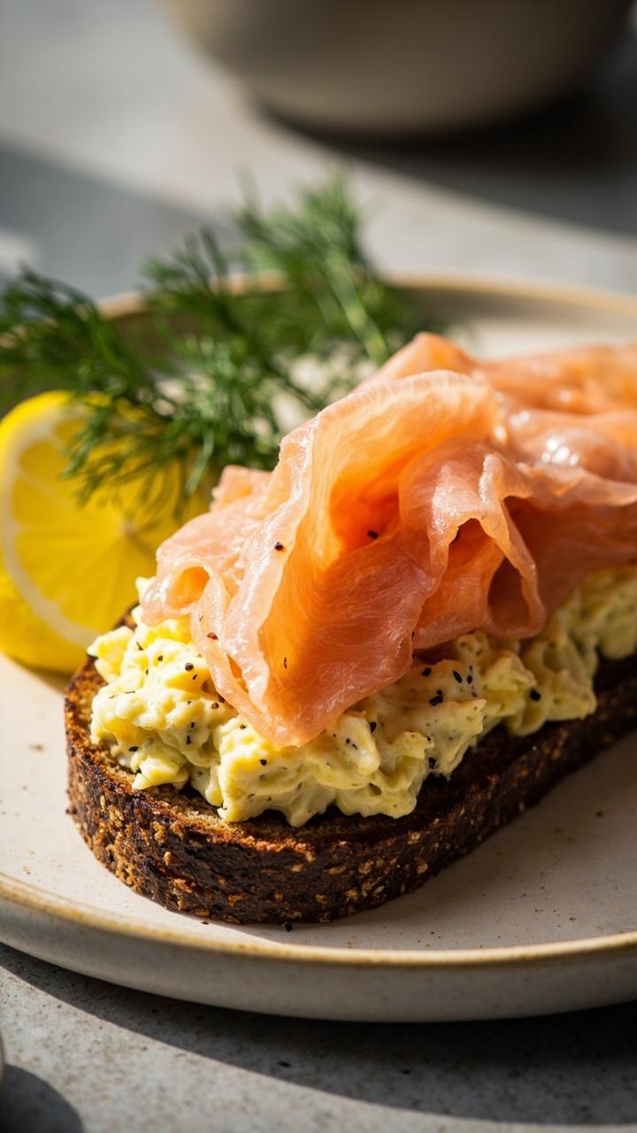 Open sandwich with pale yellow egg salad flecked with pink smoked salmon strips on toasted rye, thin lemon wedge and dill sprig on the side, small plate beneath