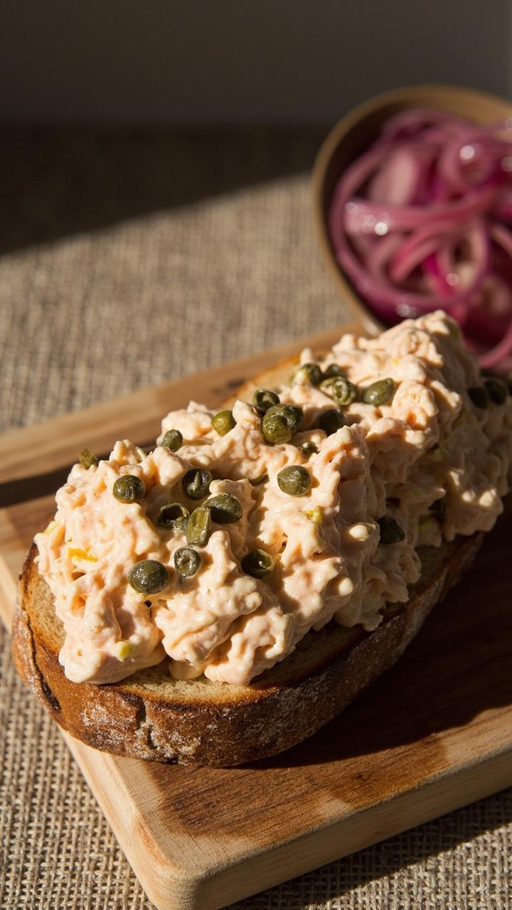 Sandwich showing pink tinted egg salad with tiny green capers on toasted sourdough, small dish of pickled onions beside, neutral linen placemat under board