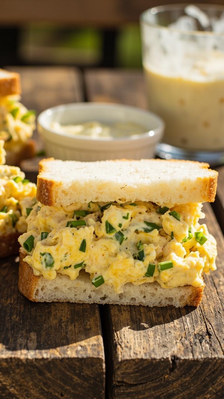 Thick sandwich with creamy egg salad speckled with green chives and pale ranch bits on potato bread, small bowl of ranch dressing beside, picnic table surface visible