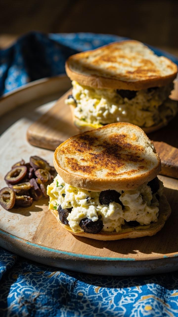 Sandwich cut in half with crumbly white feta and chopped dark olives visible in egg salad on toasted flatbread, small pile of sliced olives on the board, blue patterned cloth under plate